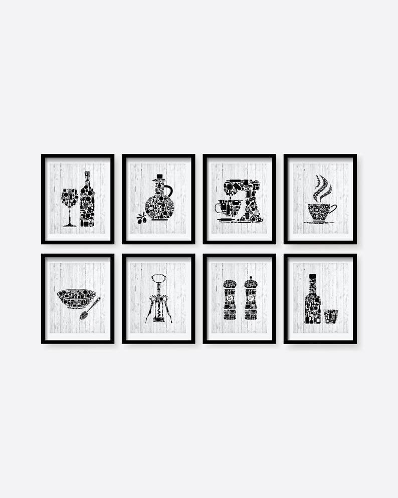 Black And White Kitchen Poster Set Decor Wall Art Print