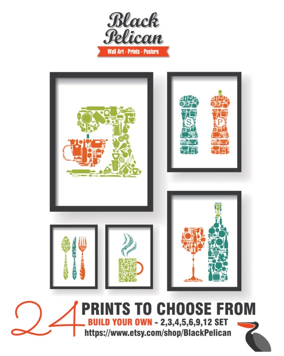 Orange Teal Green 5 Set Kitchen Icons Unique Kitchen Decor Etsy