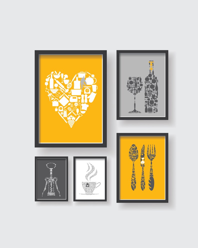 Mustard Yellow Gray Kitchen Wall Decor Set Yellow Kitchen Etsy