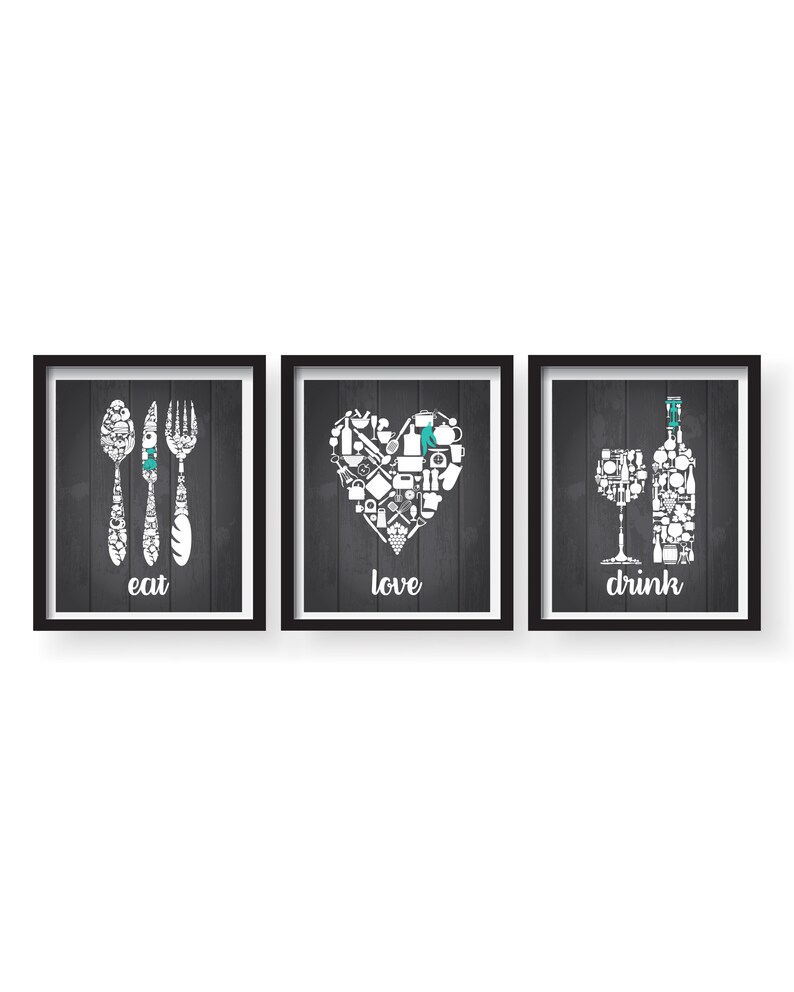 Eat Drink Love Gray Kitchen Decor Kitchen Wall Art Kitchen Etsy