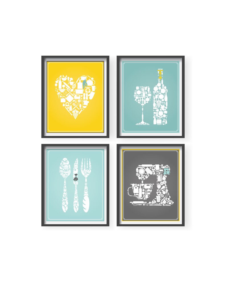 Light Teal Yellow Gray Modern Kitchen Poster Set Turquoise Wall Decor Art
