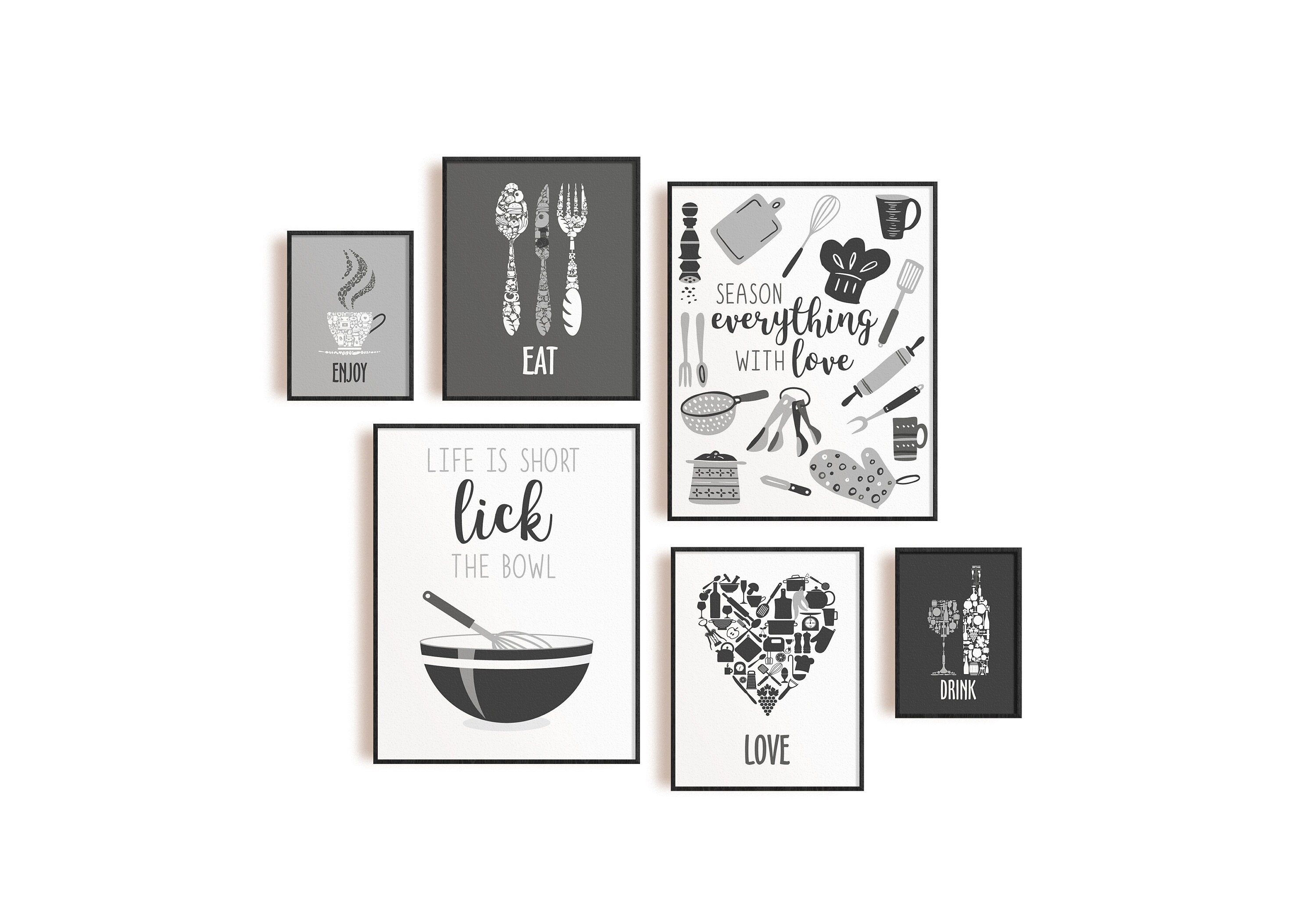 Black White Gray Kitchen Wall Art Gray Kitchen Prints Modern | Etsy