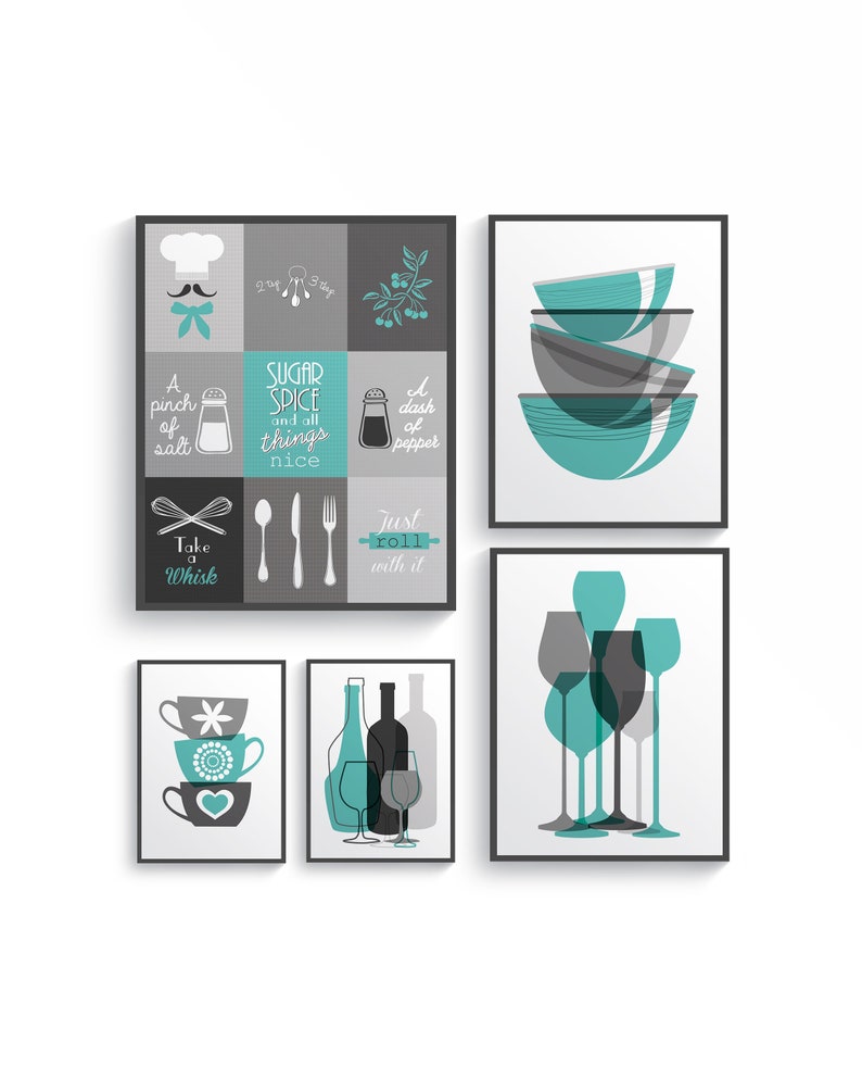 Teal Grey Modern 5 Set Kitchen Decor Prints Kitchen Wall Art Etsy