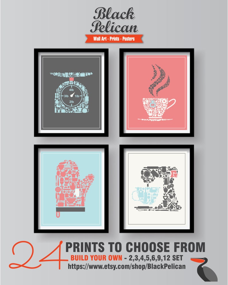 Salmon Blue Gray Lovely Kitchen Decor Set Grey White Wall Art Prints