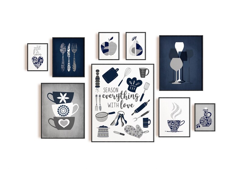 Navy Blue Kitchen Wall Art Gray Kitchen Prints Modern Home Etsy