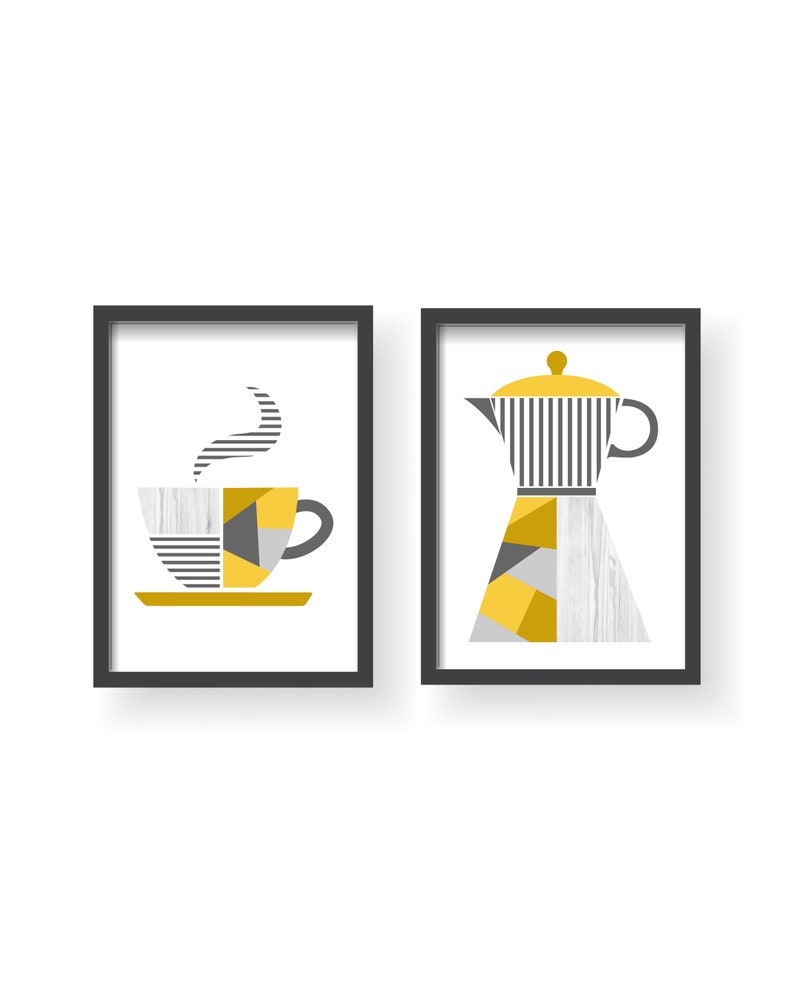 Art Géométrique Jaune Gris Cuisine Affiche Set à Café Jaune Gris De Cuisine Moderne Minimaliste Affiche Cuisine Art Géométrique Art Café