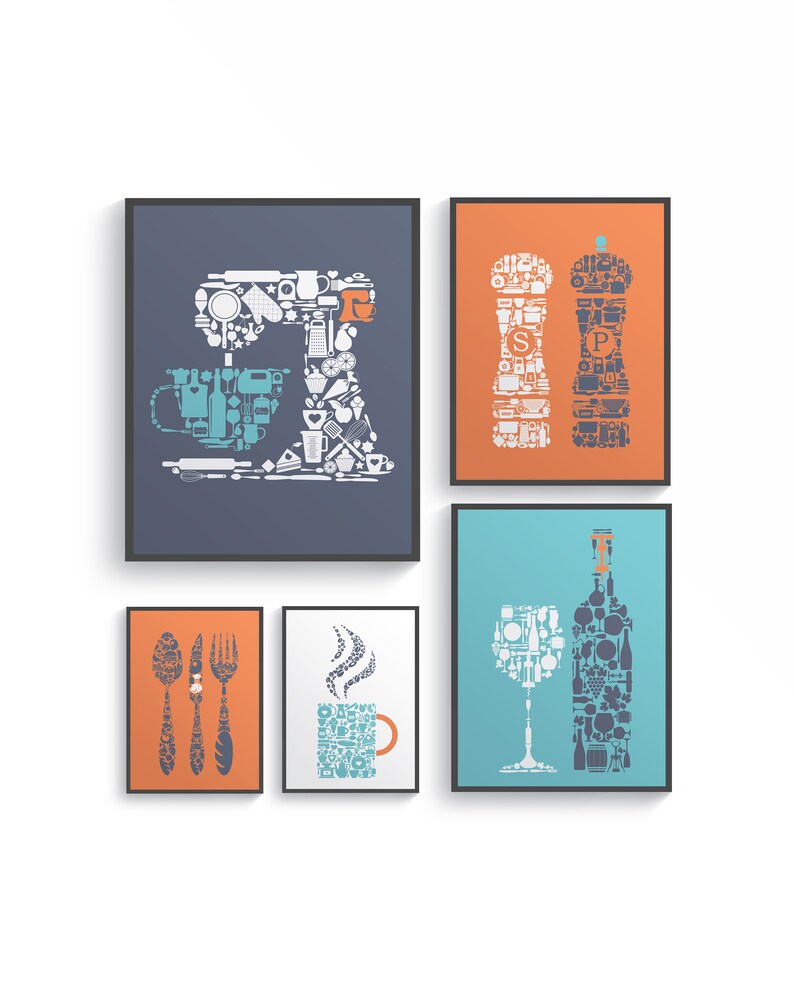 Colorful Modern Kitchen Wall Art Dining Room Decor Set Of 5 Prints Orange Blue