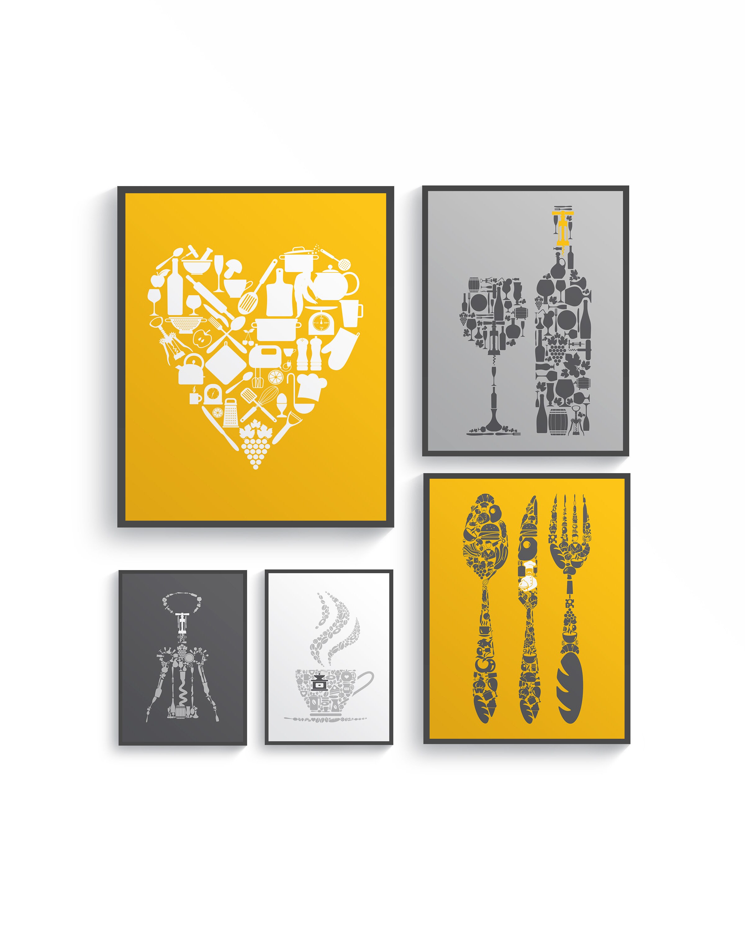 Mustard Yellow Gray Kitchen Wall Decor Set Yellow Kitchen Etsy
