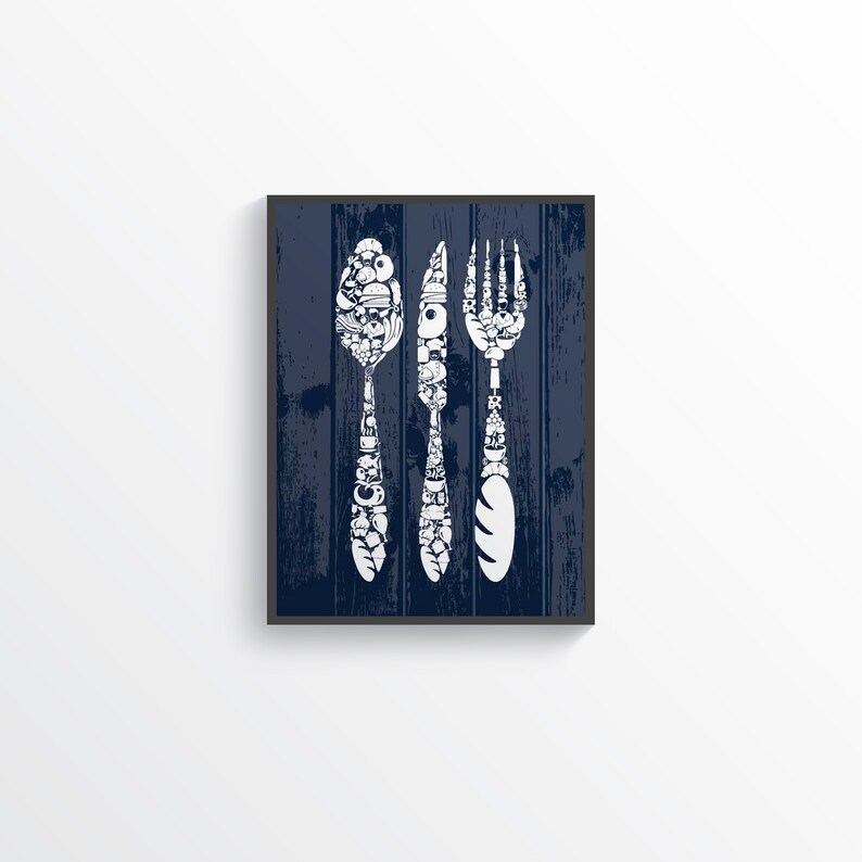 Modern Navy Blue Gray Kitchen Wall Decor Navy Blue Kitchen Etsy