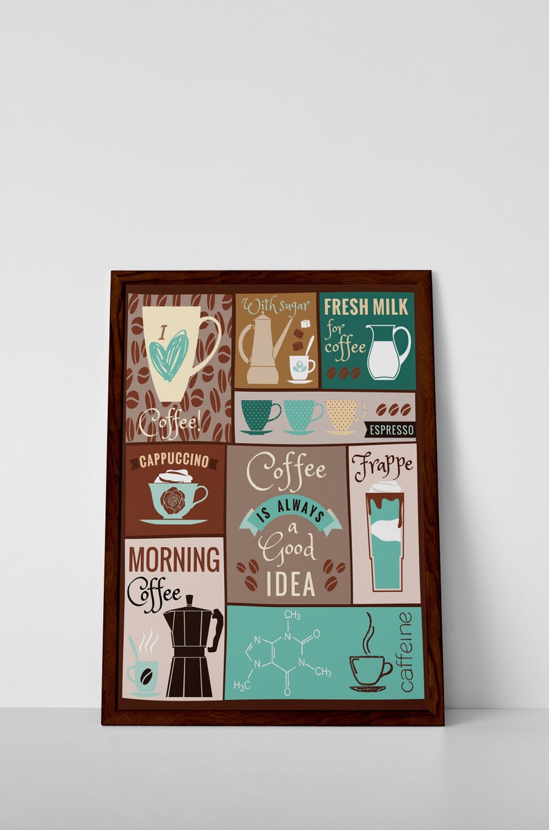 Brown Turquoise Kitchen Coffee Poster Coffee Kitchen Decor Etsy