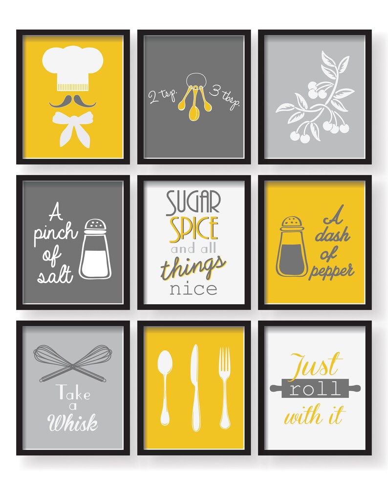 Gray Mustard Yellow Kitchen Decor Poster Set Set of 9 prints Etsy