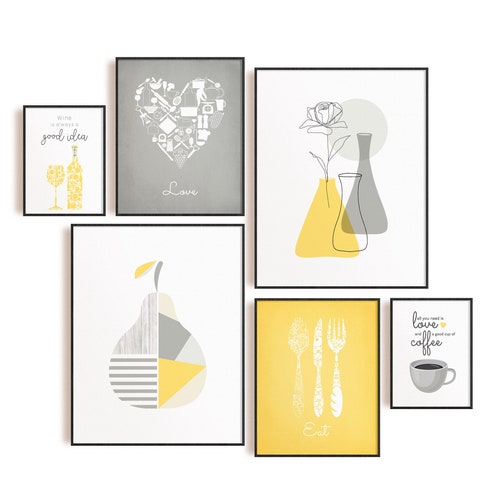 Yellow Kitchen Wall Art Yellow Gray Kitchen Prints Modern Etsy
