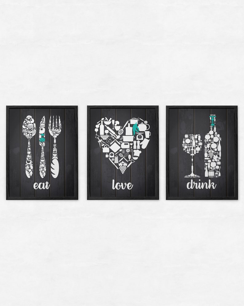 Eat Drink Love Gray Kitchen Decor Kitchen Wall Art Kitchen Etsy