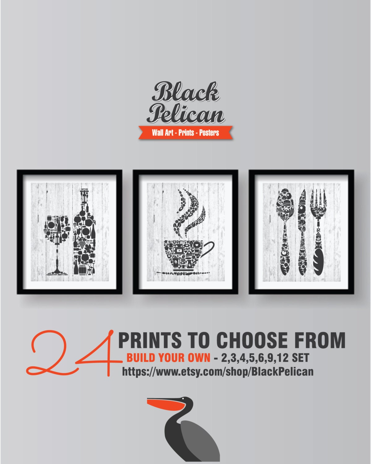 Dark Grey Kitchen Wall Art Prints Set Etsy