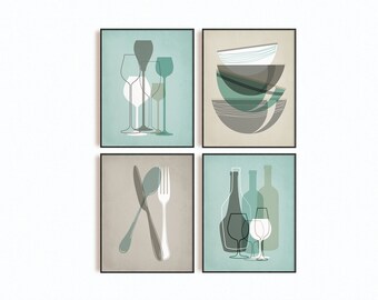 Mint green brown gray colors Modern Kitchen Poster Set  - Kitchen wall art - Kitchen prints - Kitchen art - Kitchen posters - unframed