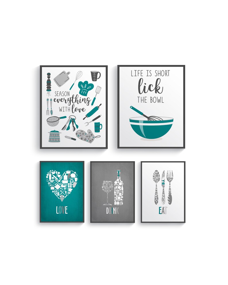 Turquoise Gray Modern Kitchen Wall Decor Teal Art Prints Set Home Dining Room