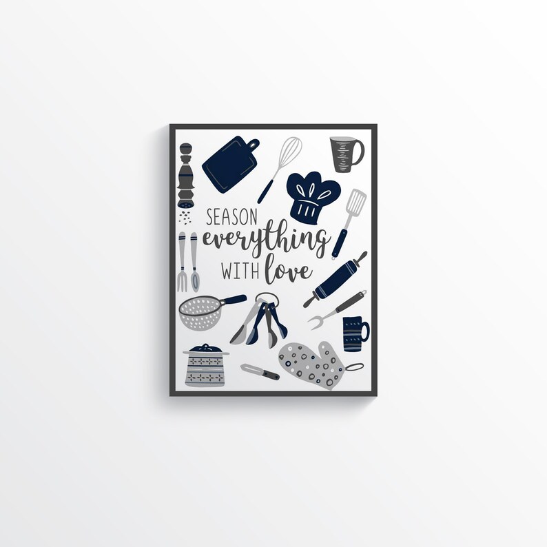 Navy Blue Kitchen Wall Art Gray Kitchen Prints Modern Home Etsy