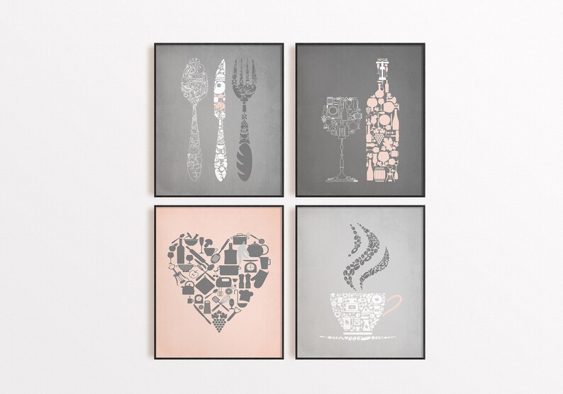 Pink Gray Kitchen Wall Decor Gray Kitchen Wall Art Pink Etsy