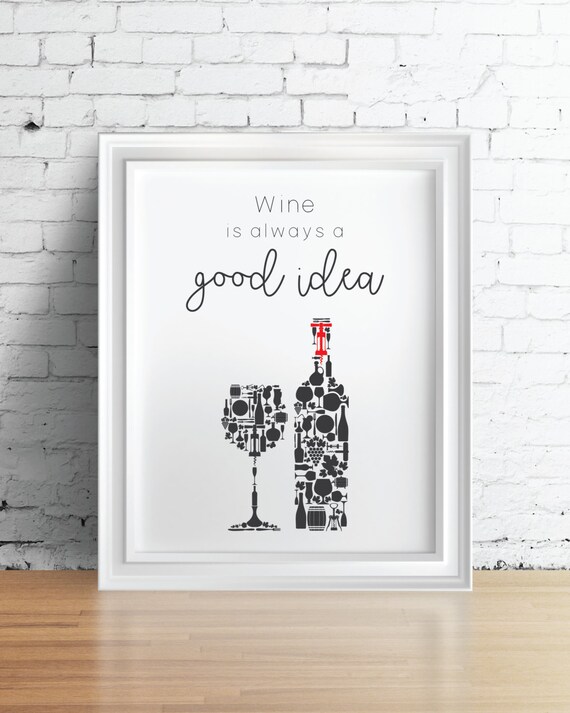 Black Wine Bottle And Glass Decor Kitchen Wine Print Wine Etsy