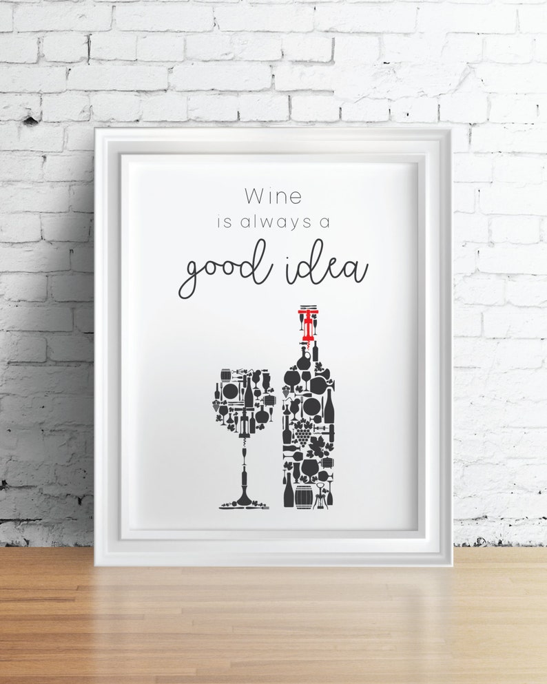 Black Wine Bottle and Glass decor kitchen wine print wine Etsy