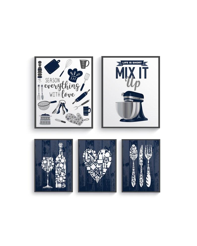 Modern Navy Blue Gray Kitchen Wall Decor Navy Blue Kitchen Etsy