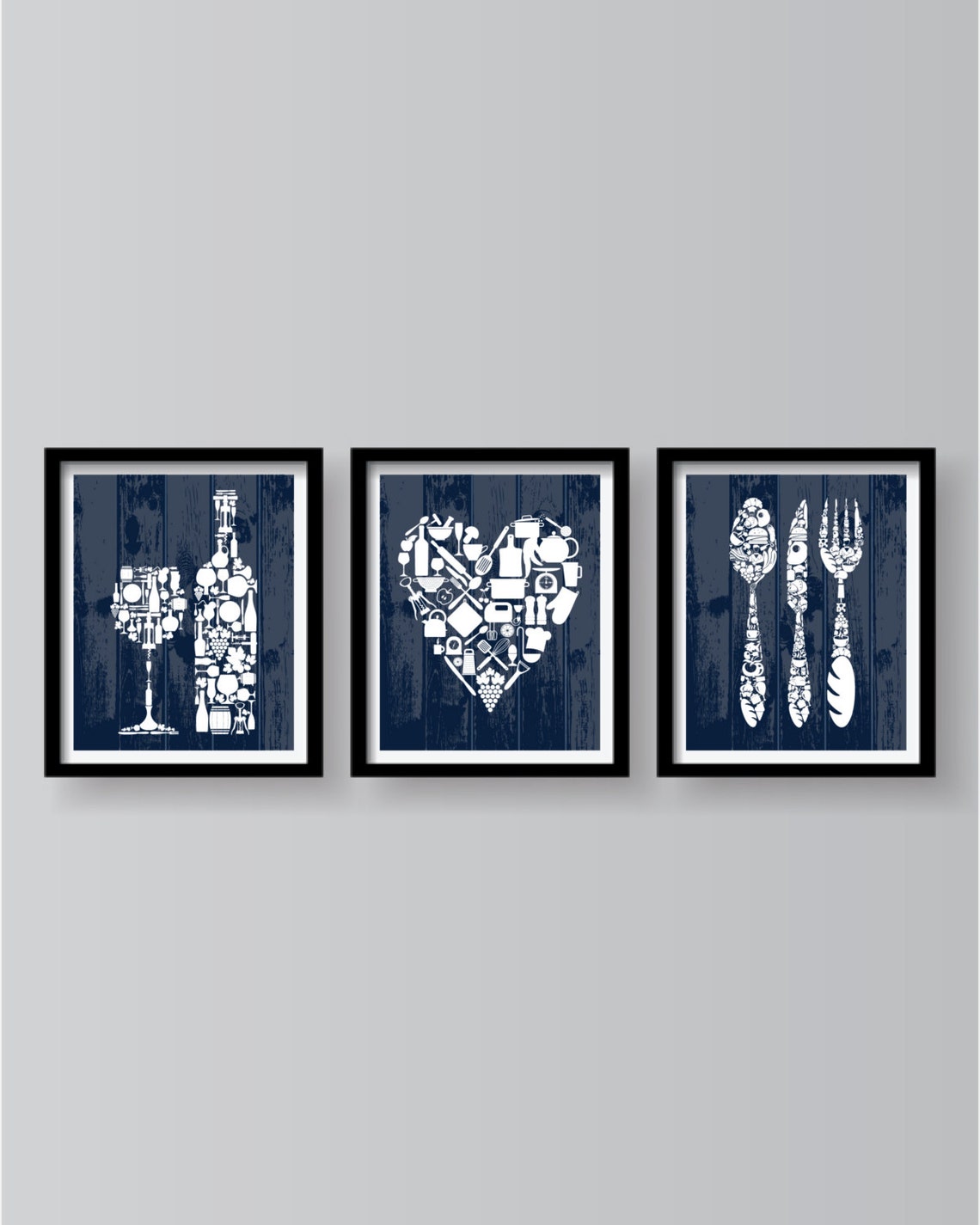 Blue Kitchen Wall art set of 3 prints Kitchen Decor Blue Etsy