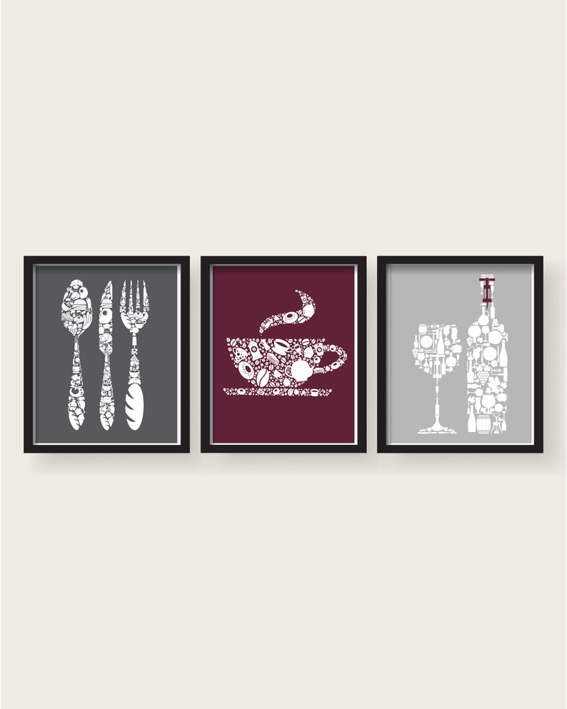 Burgundy Gray Kitchen Decor Kitchen Wall Art Kitchen Prints Etsy