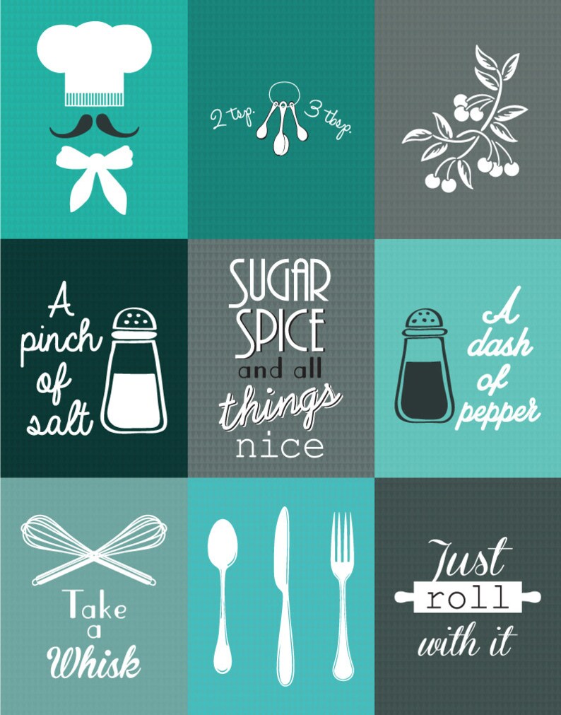 Teal Kitchen Decor Teal Kitchen Print Teal Kitchen Wall Art Etsy