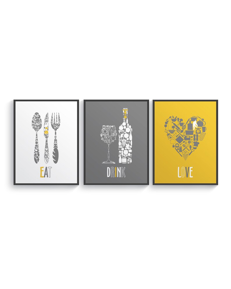 Wall Art Kitchen Quote Eat Drink Love Yellow Kitchen Decor Etsy
