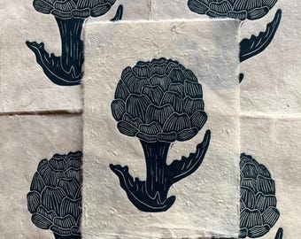 Handprinted Globe Artichoke Linocut Print: A5 Botanical Wall Art on Lokta Paper