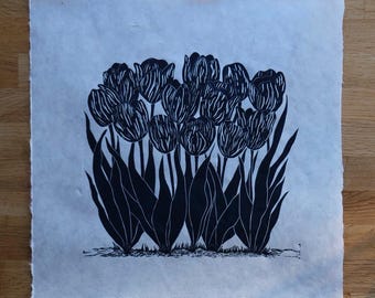 Tulip Lino Print on Handmade Paper | Botanical Block Print | Blue Floral Wall Art