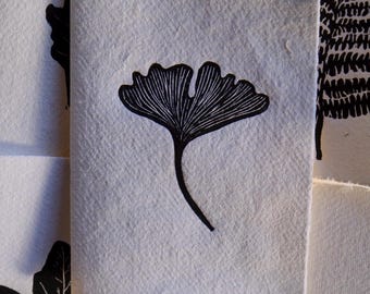 Hand Printed Ginkgo Leaf Lino Print Card on Khadi Rag Paper – Handmade Botanical Card