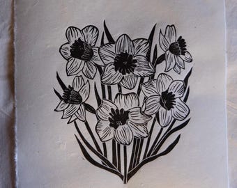 Hand Printed Daffodil Lino Print – Botanical Art on Khadi Mitsumata Paper