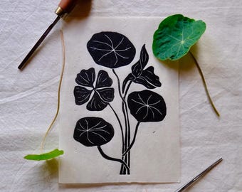 Nasturtium Linocut Print: A5 Botanical Wall Art on Lokta Paper