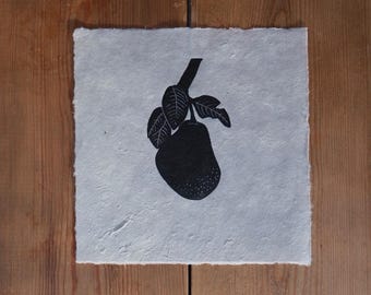 Handprinted Pear Linocut Print: Botanical Wall Art on Lokta Paper