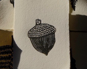 Hand Printed Acorn Lino Print Card on Khadi Rag Paper – Handmade Botanical Card