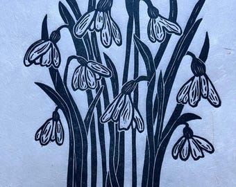 Hand Printed Snowdrop Lino Print on Lokta Paper –  Botanical Art Print