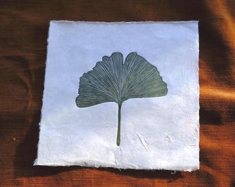Ginkgo Leaf Linocut Print: Handmade Lokta Paper Botanical Art
