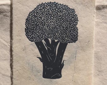 Handprinted Broccoli Linocut Print: A5 Botanical Wall Art on Lokta Paper