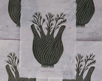 Handprinted Fennel Linocut Print: A5 Botanical Wall Art on Lokta Paper