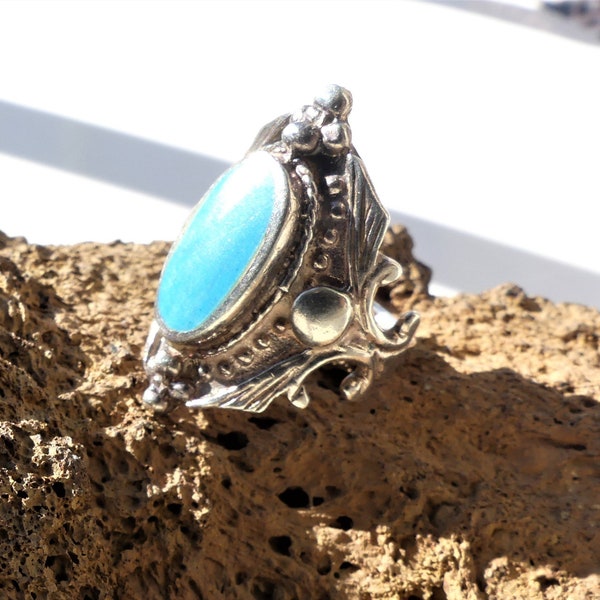 Bague vintage argent massif 925 sertie d'une turquoise, année 70-80, bohème, hippie