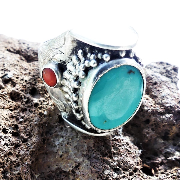 Bague selle turquoise du Népal, argent massif, corail, turquoise véritable, mixte, imposante, dragon, Tibet, mixte, homme, femme