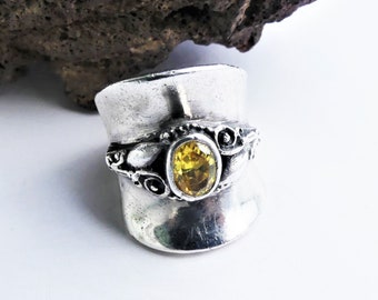 Bague ethnique, argent massif, sertie d'une citrine, 925, vintage