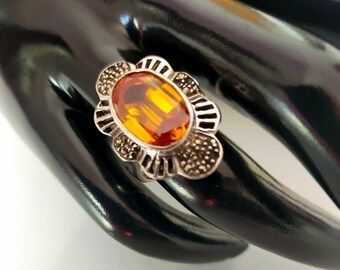 Bague citrine importante, argent massif, vintage, marcassites, Belle Epoque, Art Nouveau, jaune orange