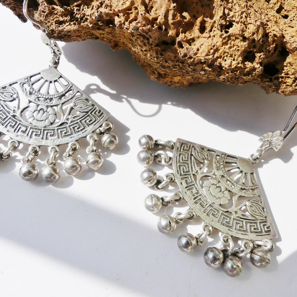 Solid silver earrings, old ethnic, nomadic jewelry, hallmarked silver, bell, flowers, fan, vintage