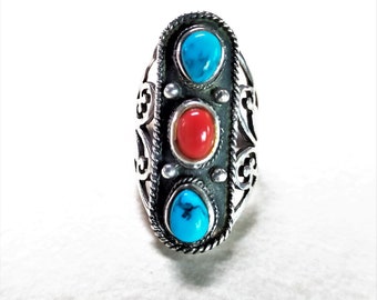 Bague Navajo ancienne, imposante, argent, turquoise, corail, mixte, femme, homme, vintage