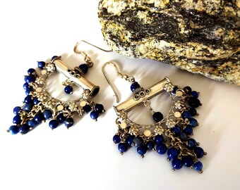 Boucles d'oreille argent 925, grappes, lapis lazuli, ethniques, argent massif, vintage, bleu