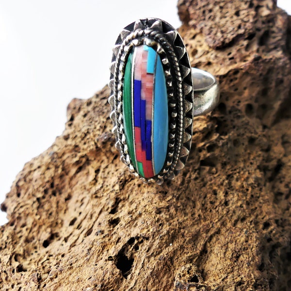 Bague Navajo, Native, Zuni, amérindienne, ancienne, argent 925, turquoise, malachite, lapis lazuli, spiny oyster,