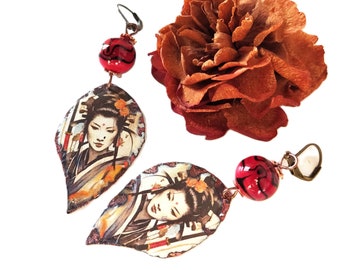 Boucles d'oreille bohèmes, japonisantes, Geisha, verre Murano, rouge, noir, cadeau femme