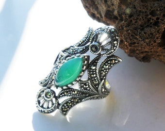 Bague Ancienne En Argent 925 Sertie De Marcassites - Taille 57, Occasion Style Cocktail